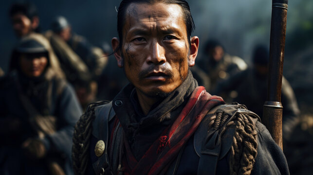 Nepali Gurkha soldier in uniform holding a khukuri knife, possibly at a training camp.