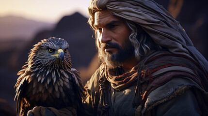 Saudi falconer in traditional attire with a falcon perched on their gloved hand, in a desert setting.
