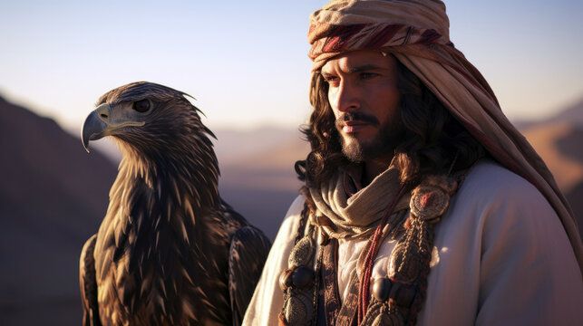 Saudi falconer in traditional attire with a falcon perched on their gloved hand, in a desert setting.