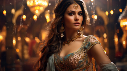 Bollywood actress in opulent Indian attire, captured mid-dance sequence, with a lavish set in the background.