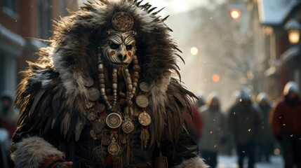 Bulgarian Kukeri Dancer dressed in elaborate, furry costumes, participating in a traditional folklore festival.