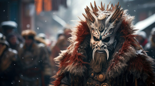 Bulgarian Kukeri Dancer dressed in elaborate, furry costumes, participating in a traditional folklore festival.