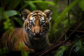 A Young Tiger Cub Shelters in the Deep Sumatran Rainforest