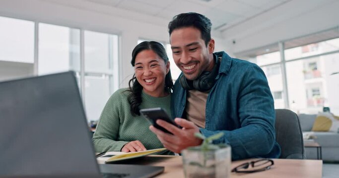 Phone, hug and happy couple celebrate news of financial budget, savings report or home tax return, bank payment or insurance. Mortgage, announcement or people excited for online shopping notification