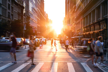 People and cars crossing a busy intersection on 5th Avenue and 23rd Street in New York City with the light of summer sunset shining between the background buildings