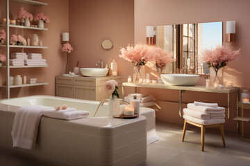 Peach fuzz colour bathroom with candles, bathtub, towels and pink decoration and flowers. Advertising for the pink spa area. Aromatherapy salon.