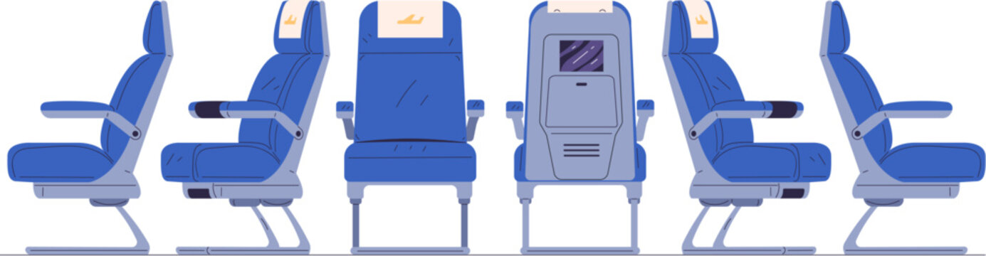 Airplane armchairs. Aircraft seats for safety flight and comfort travel inside plane of economy business class interior, isolated chair aeroplane space, classy vector illustration