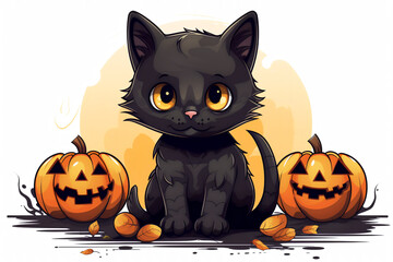 Cute cartoon black cat. Template for a greeting card for Halloween. Generative AI