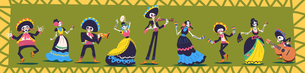 Day dead characters. Woman skeleton catrina in traditional mexican dress dancing on mariachi music, de los muertos or halloween party sugar skull - obrazy, fototapety, plakaty