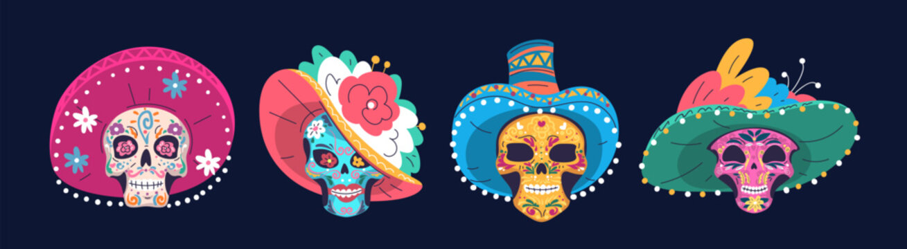 Mexican characters skulls. Sugar skull face for day dead party celebration, deadly creatures artwork skeleton catrina de los muertos or halloween mexico, classy vector illustration