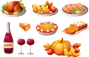 Thanksgiving day dishes. Festive turkey dinner, autumn meals buffet with pumpkin piece pie wine fall seasons vegetable cooked food dish on plate, cartoon garish vector illustration