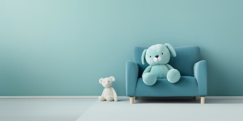Minimal composition made of giant teddy bear sitting at the sofa in minimal pastel blue living room - obrazy, fototapety, plakaty