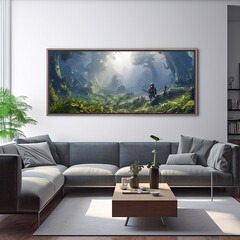interior of modern living room with gray sofa, 3d render