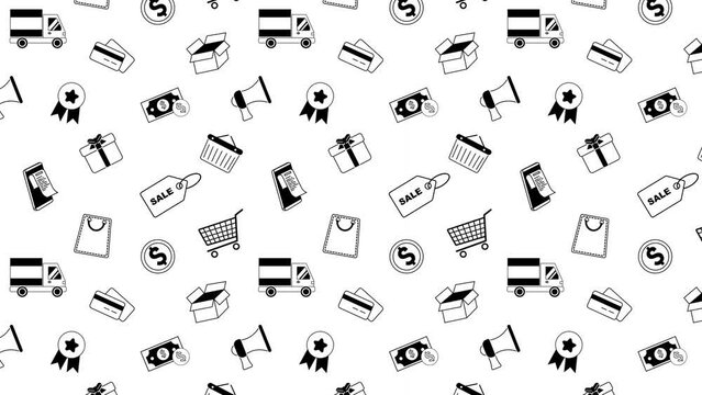 4k Animated Shopping Outline Pattern E Commerce Concept Icons Texture in Black and White Style OutLine Style e Commerce Printable Texture Cann be used for print or web. Business, Cargo, Delivery.