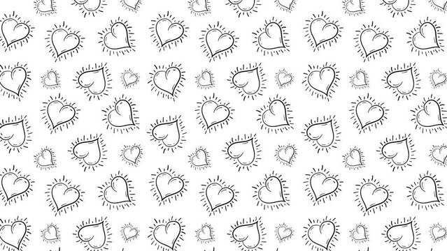 4k animated cute heart retro seamless pattern Isolated Doodle Heart Vector Hand Drawn Texture. Valentine's Day or Love Concept. Heart Sketch Design. Black and White  heart stickers Texture Design.