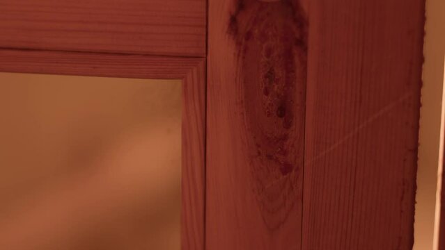 A wooden and resinous door opens in an atmospheric sauna.