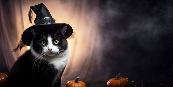 A charming black and white cat adorned with a witch hat poses before a vibrant violet and orange backdrop, accompanied by a tiny pumpkin."