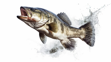 Jumping large mouse bass with water splash isolated on white, AI Generated