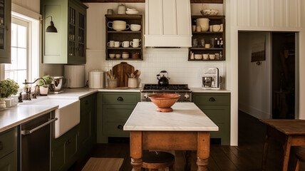 Farmhouse kitchen decor and interior design, English in frame kitchen cabinets, green and wood, in a country house, elegant cottage style