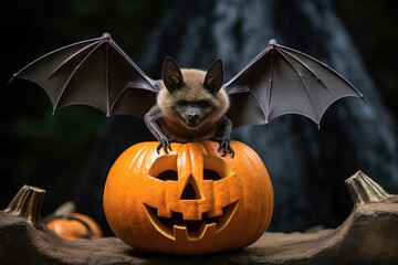 Helloween vampire  bat sitting on a pumpkin. Bat spreads wings on Jack head. 