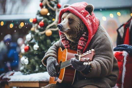 Ein B&auml;r spielt Gitarre in der Fu&szlig;g&auml;ngerzone vor einem Weihnachtsbaum. Ideal als musikalische Karte und Gr&uuml;&szlig;e zum Advent oder Weihnachten. 