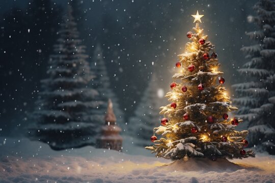 Weihnachts-Gru&szlig;karte mit Platz f&uuml;r Text. Beleuchteter Weihnachtsbaum mit Lichterketten drau&szlig;en im Schnee. 