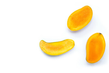 Sweet and juicy tropical fruit, Mango on white background. Top view