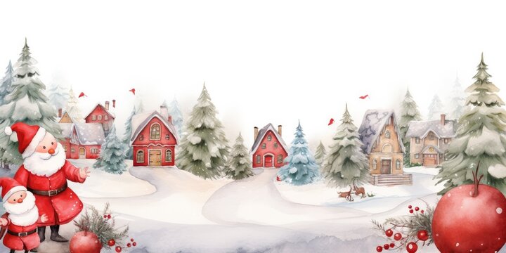 watercolor painting of fantasy red Christmas border large surrounded by Christmas element, generative AI