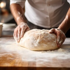 Baker is rolling hands in flour, kneading dough for pies, pizza and pasta food meal restaurant
