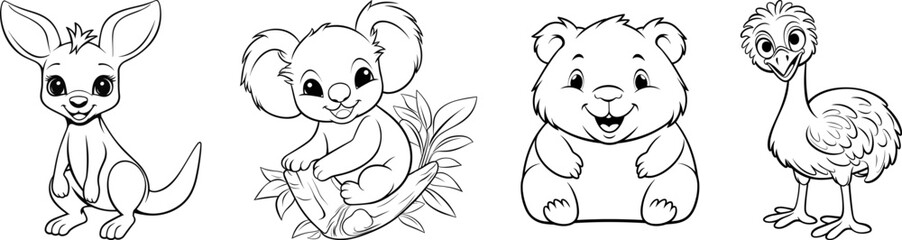 Australian animals friendly cartoon characters collection. Kangaroo, koala, wombat and emu friends from australia. Black outline coloring book vector illustrations. © mr_marcom