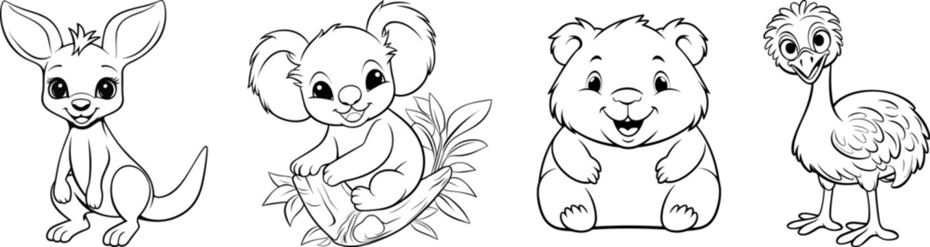 Australian animals friendly cartoon characters collection. Kangaroo, koala, wombat and emu friends from australia. Black outline coloring book vector illustrations.