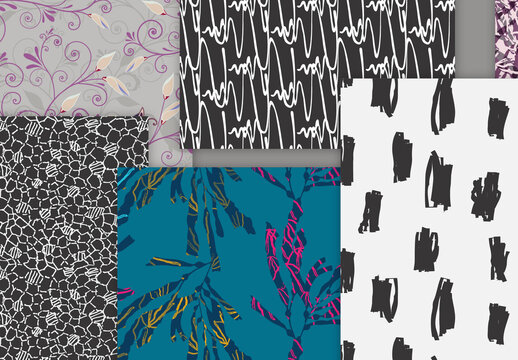 Seamless Pattern Collection with Hand Drawn Rough Abstract Strokes and Floral Elements