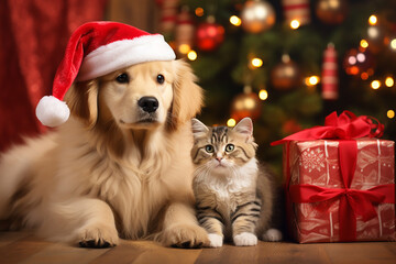 Cute dog and cat together near christmas tree and gifts. - Powered by Adobe