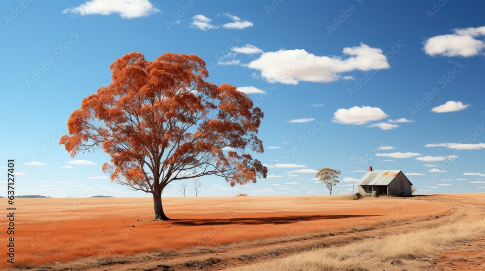 Poster a lone tree in the middle of a field. generative ai image.