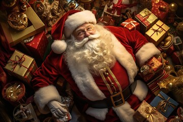 Glamour fashion photo of Santa Claus lying on his presents. Proud Santa Claus in portrait with wrapped gifts for delivery. 