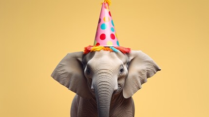 Large elephant with a colorful birthday party hat, excited to be part of the joyful and festive celebration