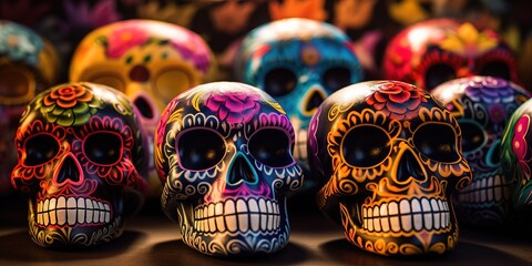 Fototapeta premium Sugar Skull (Calavera) to celebrate Mexico's Day of the Dead (Dia de Los Muertos). Hispanic heritage sugar skull marigold Festive