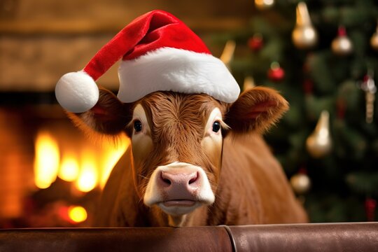 Cute cow. Animals with Christmas hat in the living room in front of the fireplace. Christmas cozy room, warmly decorated for advent and christmas 