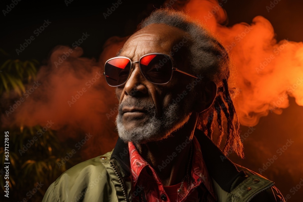 Aufkleber a man with dreadlocks and sunglasses standing in front of a fire. generative ai image.