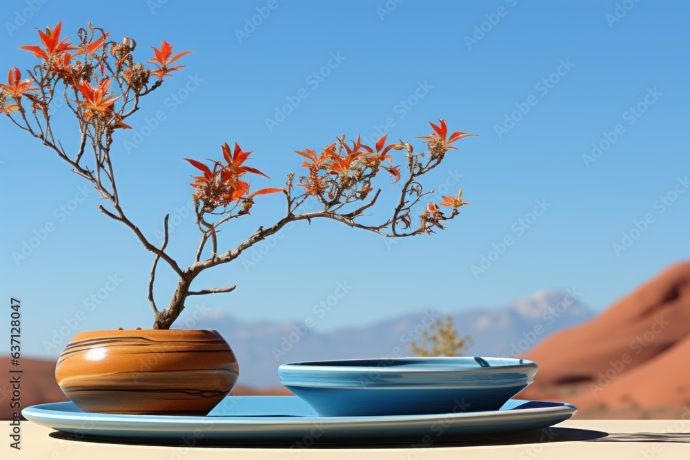 Aufkleber a small tree in a vase and a plate on a table. generative ai image.