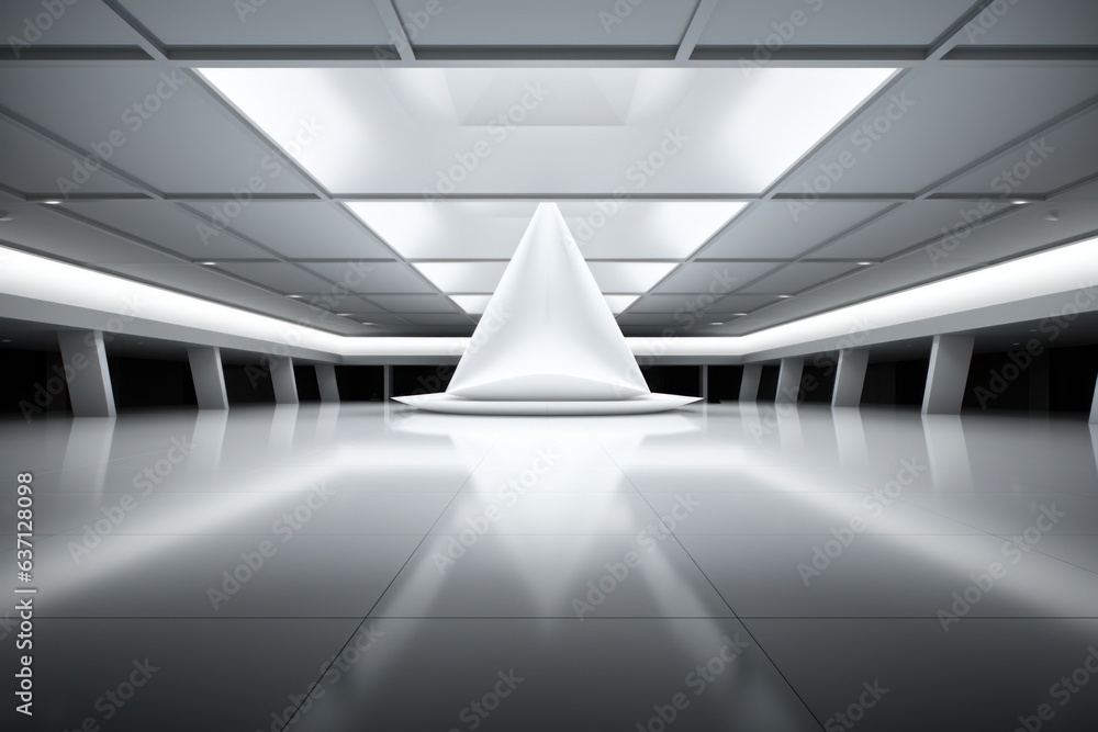 Poster an empty room with a large white cone in the middle of the room. generative ai image.