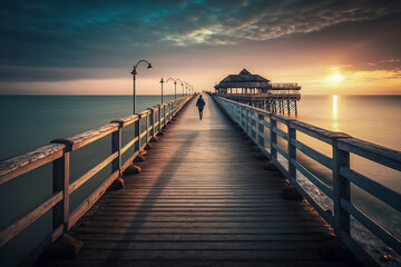 Fototapeta na wymiar Golden Hour on the Sea: Rustic Pier in the Evening Glow, Embracing Nature's Beauty