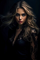 Fototapeta premium Blonde Temptation: A Captivating Femme Fatale Strikes a Bold Pose in Black Lace Dress on Noir Background