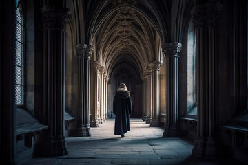 Cathedral Serenity: Departing Woman in Coat Finds Peace in Historic Cloistered Ambianc, ai generative