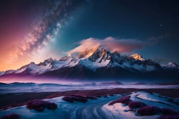 Photo of a majestic mountain range under a vibrant purple sky with swirling clouds
