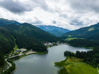 Aerial view, Spitzingsee, place Spitzingsee, Mangfall Mountains, drone recording, Upper Bavaria, Bavaria, Germany,