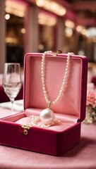 Photo of a pink box with a pearl necklace and a glass of wine