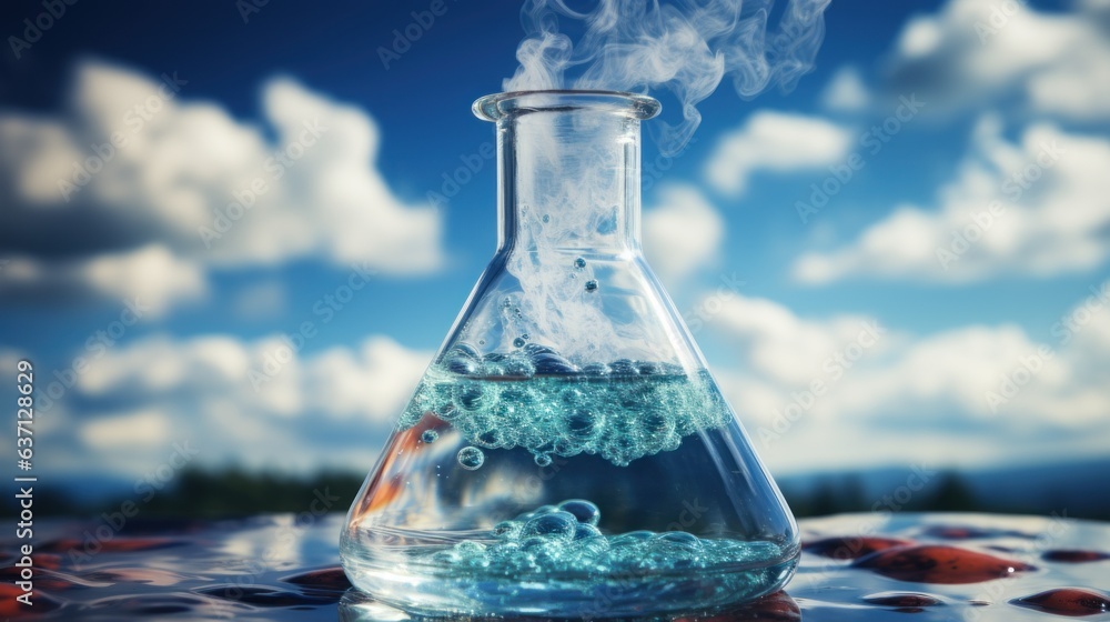 Poster a glass flask filled with water and a goldfish. generative ai image.