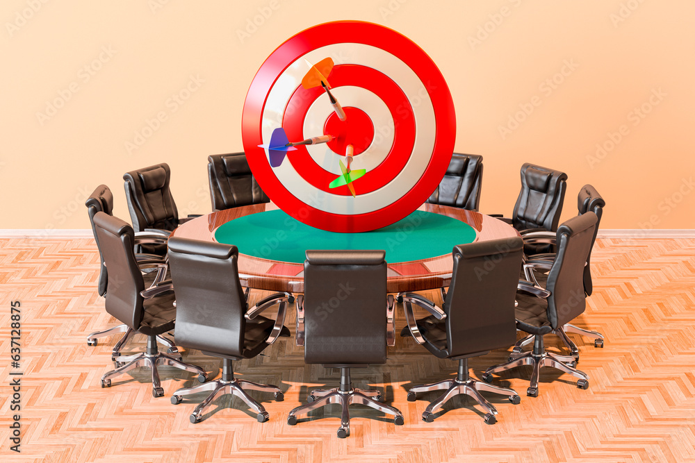 Poster round table with target with arrows and armchairs around, 3d rendering