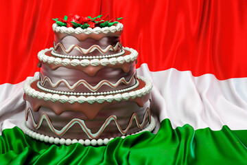 Chocolate cake on the Hungarian flag background, 3D rendering